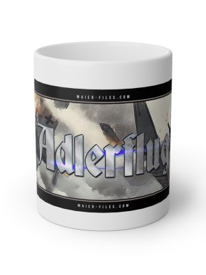 Maier Files Adlerflug Mug featuring sky dog-fight scene with Messerschmitt bf 109, Frans Vleeminckx, and Traute Rose.