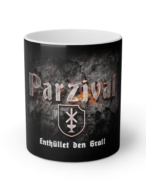 Parzival Mug with Maier Files emblem and the words "Enthuellet den Gral!" (Unveil the Grail!)