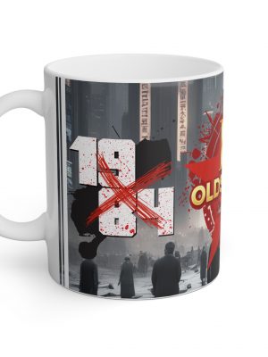 Side view of the mug showing "1984" crossed out with red spatters against a grey dystopian city background.