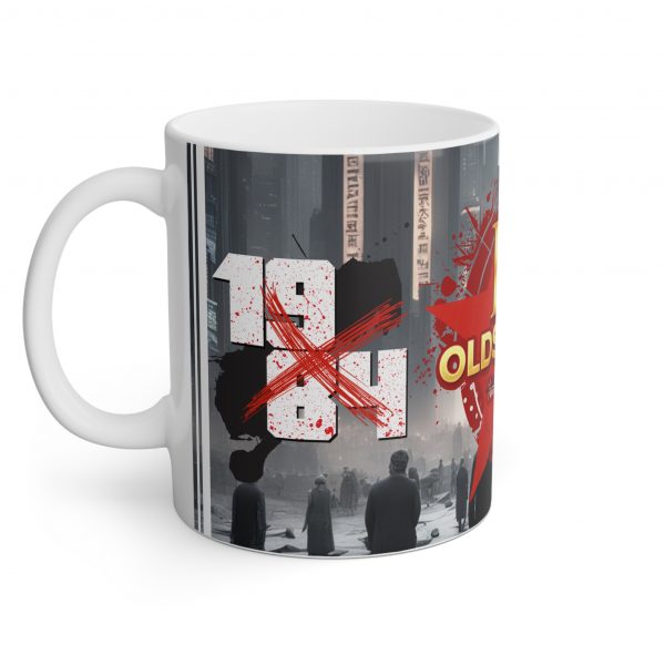 Side view of the mug showing "1984" crossed out with red spatters against a grey dystopian city background.