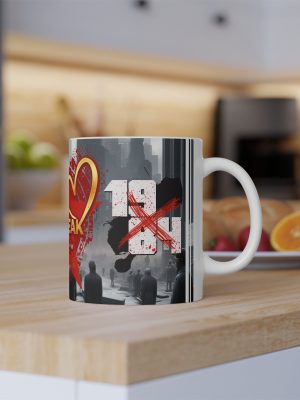 Side view of the mug showing "1984" crossed out with red spatters against a grey dystopian city background.