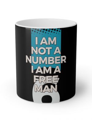 I am not a number! mug inspired by Number 6 from The Prisoner, featuring the white collar and jacket design.