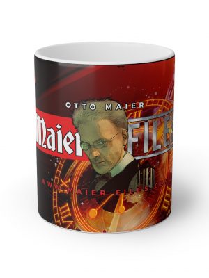 Time-bending 'Otto Maier' Mug with visionary artwork.