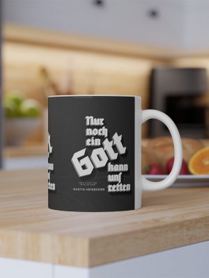 Black mug showcasing the side view of Heidegger's quote.