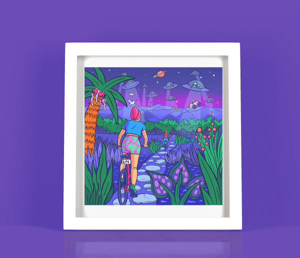 framed illustration girls cycling with aliens