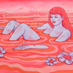 warm waters pop surreal pink whimsical female portrait in melting landscape by zubieta