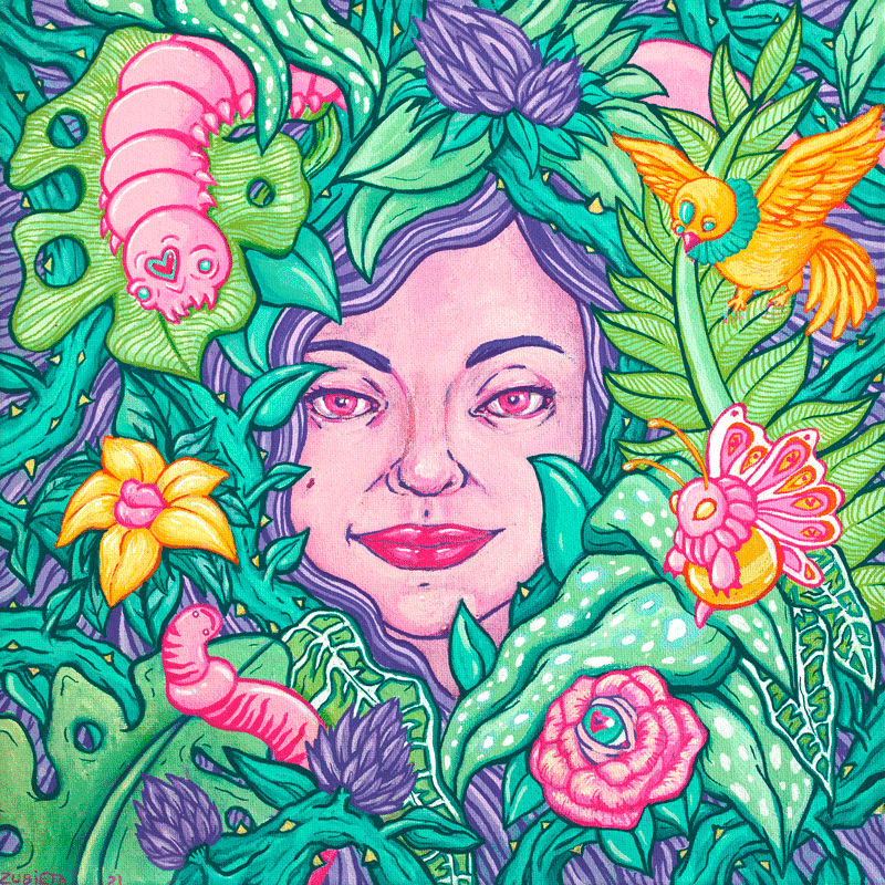 pop surrealistic painting by female bristol artist marta zubieta with flowers, plants and animals