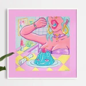 Pop surreal wall art print featuring a vibrant and whimsical scene of a woman with teal hair and large gold hoop earrings enjoying a spoonful of blue gelatin dessert with a cherry on top, which has a playful face and eyes. The woman wears a lavender tube top and a heart-shaped choker, set against a colorful, retro-styled background with a lava lamp and potted plant. This eye-catching artwork blends elements of humor and fantasy, perfect for fans of pop surreal artists like Tara McPherson and Robin Eisenberg