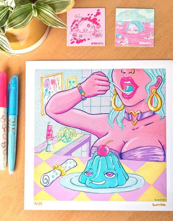 Whimsical pop surreal wall art print featuring a colorful scene of a woman with turquoise hair and gold hoop earrings eating a spoonful of blue jelly dessert with a smiling face and cherry on top. The woman wears a lavender top and heart-shaped choker, set in a retro kitchen with a lava lamp and plants. This playful and vibrant artwork captures the quirky and imaginative style of pop surrealism, appealing to fans of artists like Tara McPherson and Robin Eisenberg