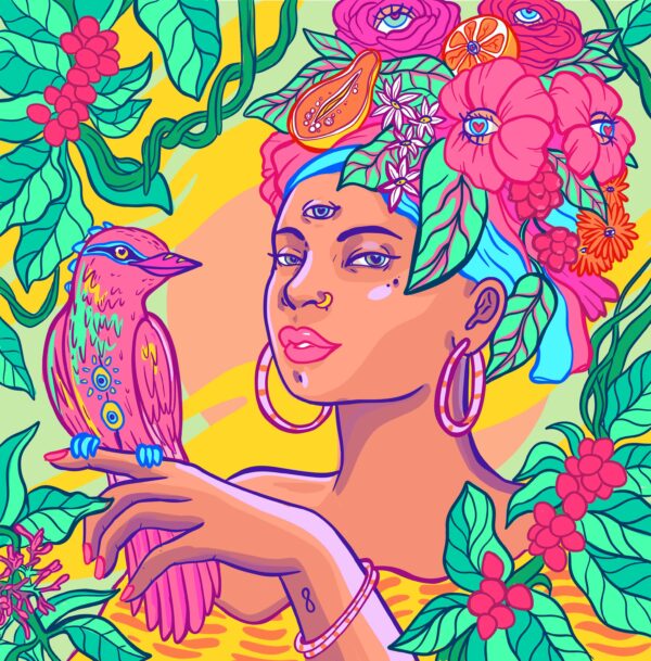 a graphic illustration of a cuban woman with coffee plants
