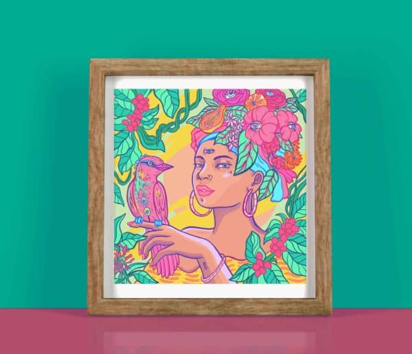 Vibrant tropical pop art print titled 'The Cuban' featuring a woman with a serene expression, adorned with an elaborate headdress made of flowers, fruits, and leaves. The woman has a third eye on her forehead, symbolizing spiritual insight. A brightly colored bird perches on her hand, adding to the tropical theme. The background is filled with lush green foliage and exotic plants, creating a lively and mystical atmosphere. Perfect for adding a splash of color and a touch of the tropics to any room, this wall art appeals to those who appreciate bold, eclectic, and spiritual art.