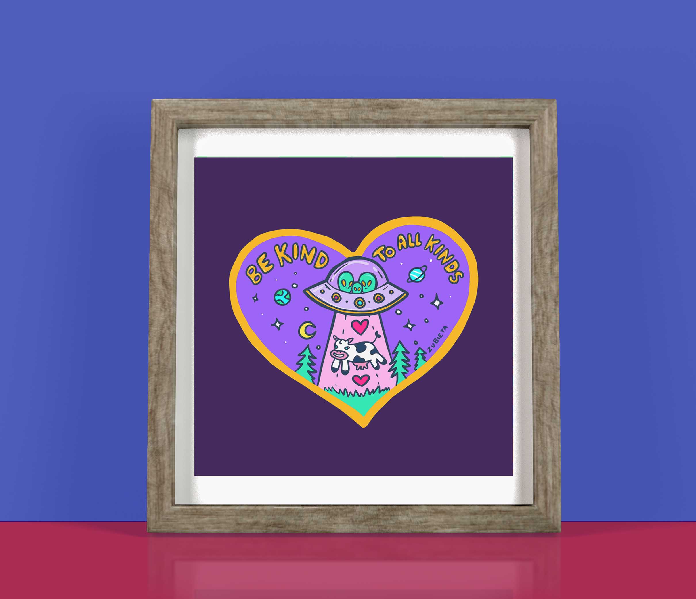 Pop surreal wall art print featuring a heart-shaped design with a vibrant illustration of an alien spaceship beaming up a cow, surrounded by planets, stars, and trees on a purple background. The artwork includes the text 'BE KIND TO ALL KINDS' in bold yellow letters, adding a whimsical and thoughtful touch to any room. Perfect for those who appreciate quirky, alternative decor and the unique spirit of Bristol