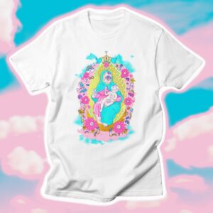 White t-shirt featuring a vibrant pop surreal graphic of the Virgin Mary as a Furby, with baby jesus , both wearing VR headsets. The design is framed with colorful flowers and social media elements, blending religious iconography with modern tech culture in a quirky, eye-catching style. Perfect for fans of unique, alternative fashion and pop culture social art