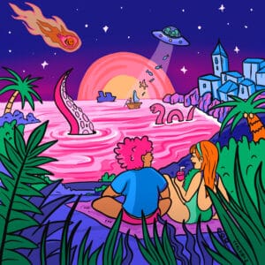 Colorful pop surreal art print featuring two galactic girl friends with vibrant pink and purple hues, floating in a cosmic background, perfect for modern and eclectic home decor.