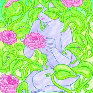 feminine pop surreal illustration of alien woman in nature