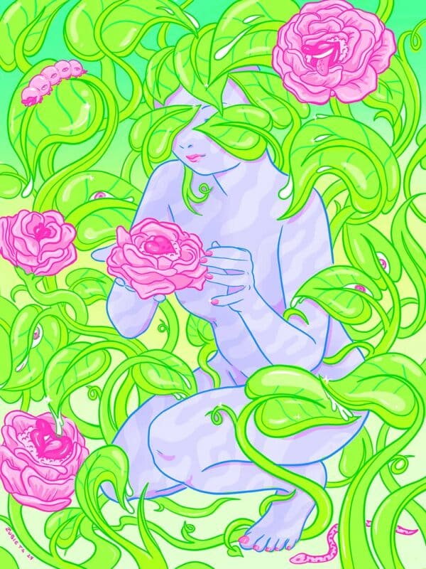 feminine pop surreal illustration of alien woman in nature