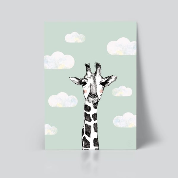 Sjiraff i skyene | sjiraff plakat | skyer | dyreplakat | giraff | mint plakat | plakat barn | barnerom | dyremotiv | plakat med dyr | ramme | Ohoi Studio