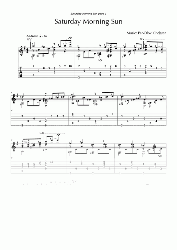 Saturday Morning Sun (sheet music + TABs) PEROLOV KINDGREN MUSIC ONLINE