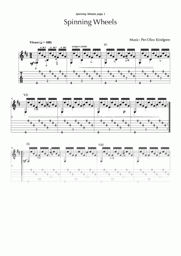 Spinning Wheels (sheet music + TABs)