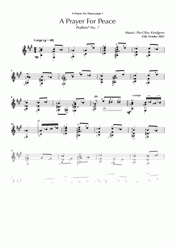 A Prayer For Peace (sheet music)