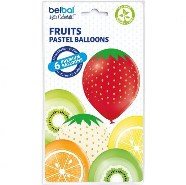 6 x ballons latex 30cm :FRUITS :fraise, kiwi, orange, citron, 5414391043136 promoballons