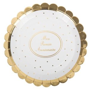 8 assiettes mon 1er anniversaire blanc et or 23cm