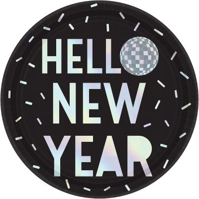Assiettes en Carton Boule Disco "Hello New YEAR " Nouvel An, 23cm, 8Pcs