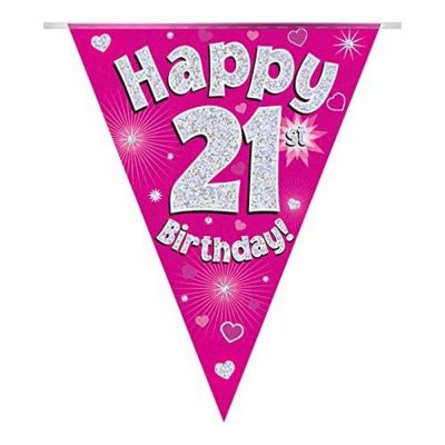 Guirlande de 11 fanions holographiques " Happy 21st Birthday" Rose 3,9 m de long