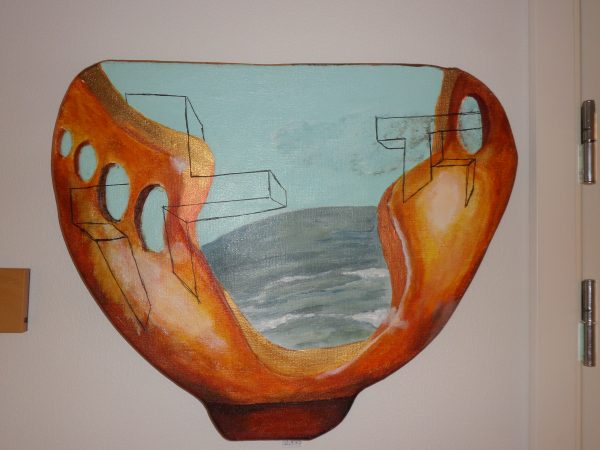 Ikke firkantet maleri i akryl, som forestiller en skål med havet i med inspiration fra Nordisk Mytologi