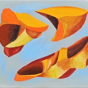 Abstrakt maleri af svævende orange objekter