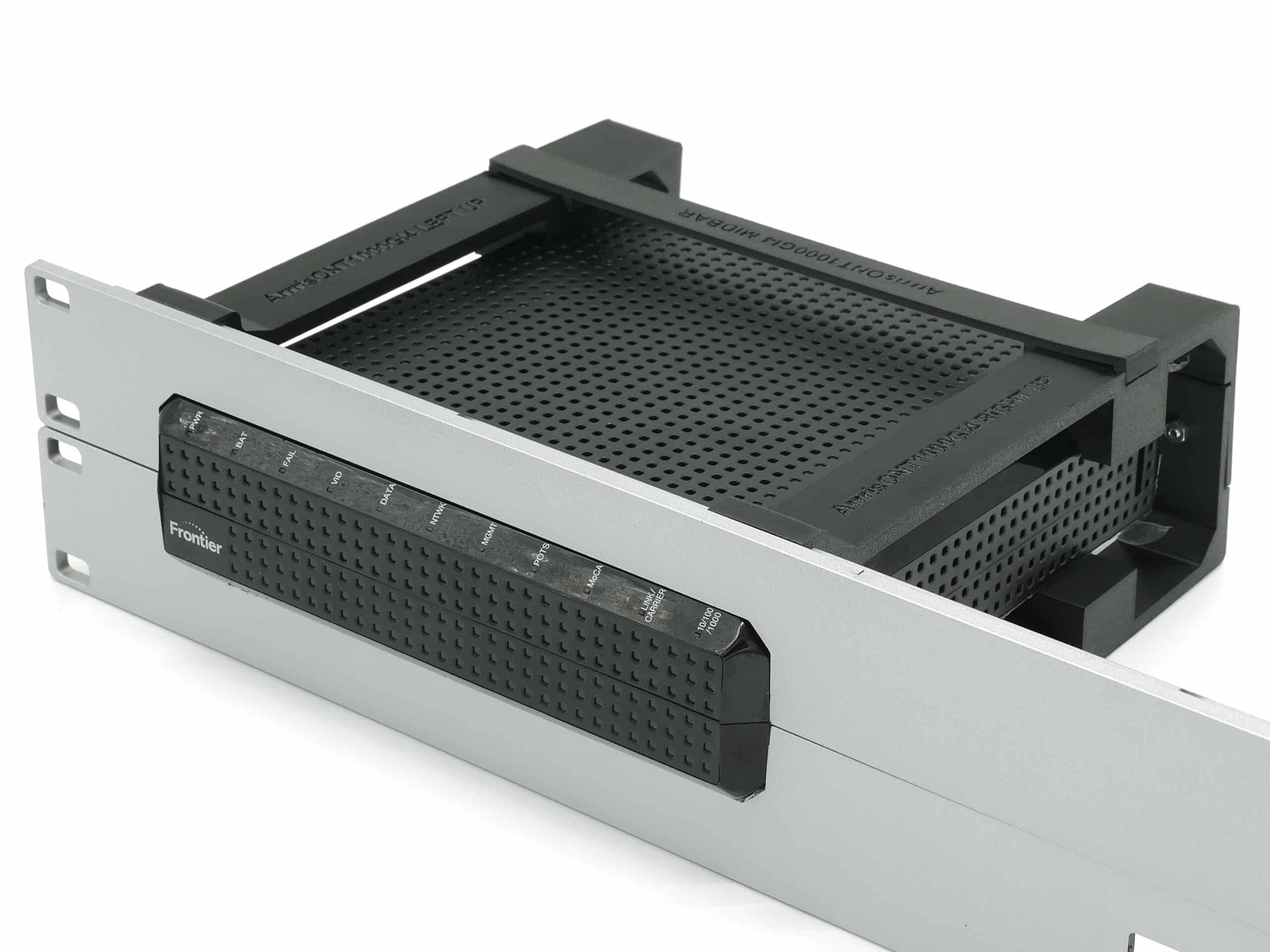 Arris ONT1000GI4 injection molded front and 3D printed rear arms 19inch