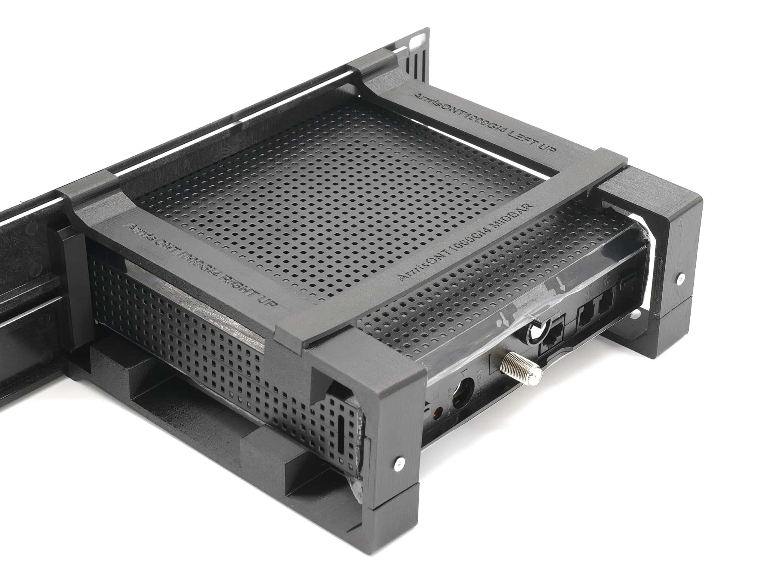 Arris ONT1000GI4 injection molded front and 3D printed rear arms 19inch