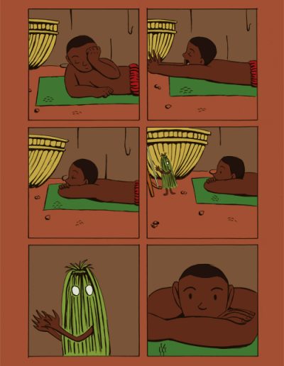 The second page of Aziza, about an African/Dahomey boy waking up and coming eye to eye with a peculiar creature