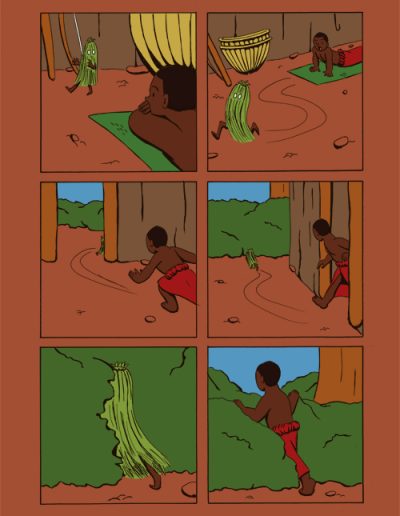 The third page of Aziza, about an African/Dahomey boy waking up and coming eye to eye with a peculiar creature