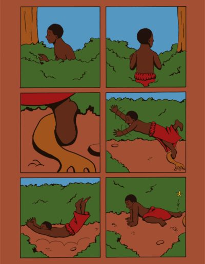 The fourth page of Aziza, about an African/Dahomey boy waking up and coming eye to eye with a peculiar creature