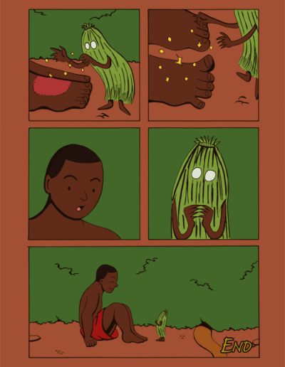 The final page of Aziza, about an African/Dahomey boy waking up and coming eye to eye with a peculiar creature