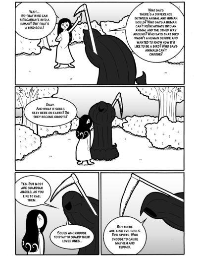 The sixth page of Whatever You Want, about a little girl and Death having a talk