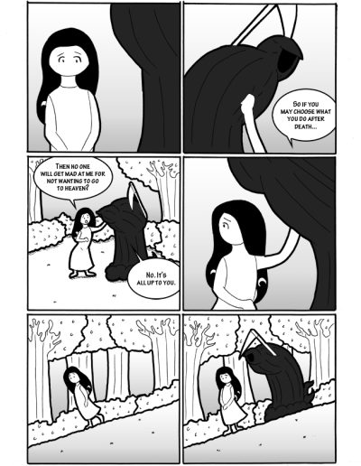 The eighth page of Whatever You Want, about a little girl and Death having a talk