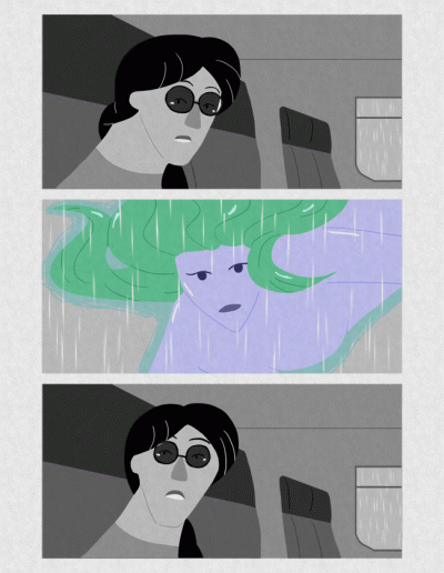 The sixth page of Mermaid In The Rain, a motion comic about a girl, riding a train after her girlfriend broke up with her for someone else