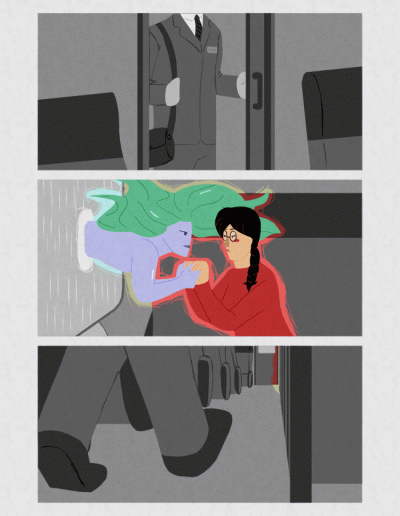 The ninth page of Mermaid In The Rain, a motion comic about a girl, riding a train after her girlfriend broke up with her for someone else