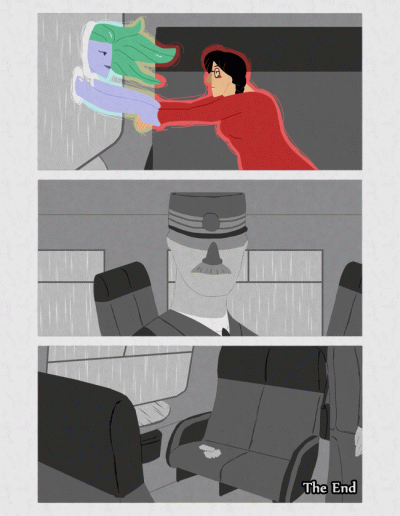The final page of Mermaid In The Rain, a motion comic about a girl, riding a train after her girlfriend broke up with her for someone else
