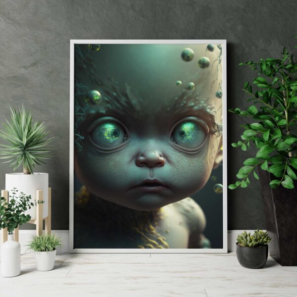 affiche verte avec un enfant extraterrestre