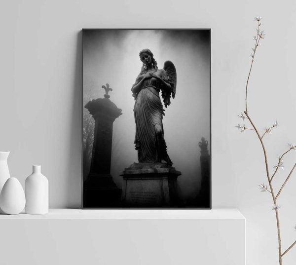 black and white mystical poster with angel