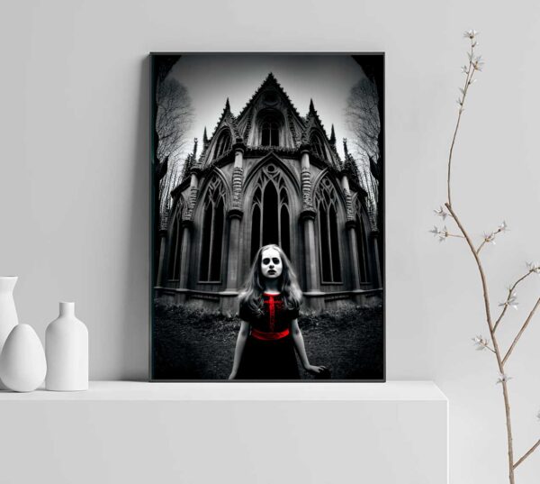 meisje en kerk horror schilderij