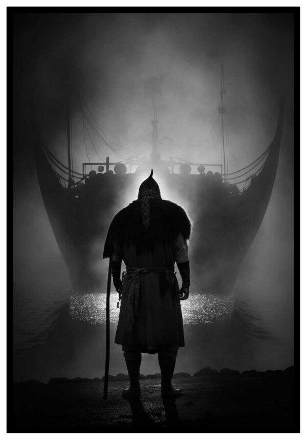 Navire viking et affiche mystérieuse de brouillard