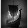 black and white poster with viking ship