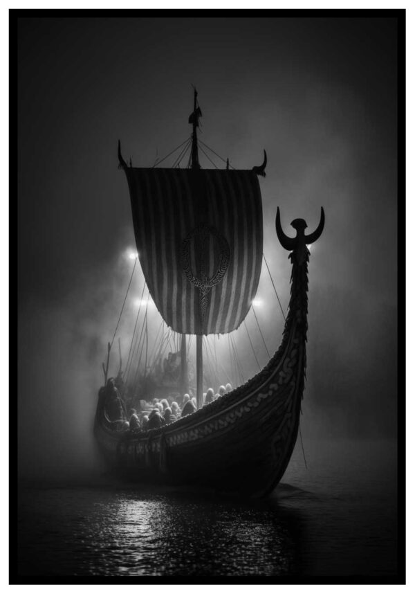 black and white poster with viking ship