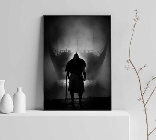 cartel de niebla y barco vikingo