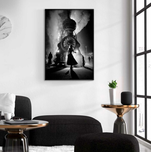 steampunk painting in grayscale