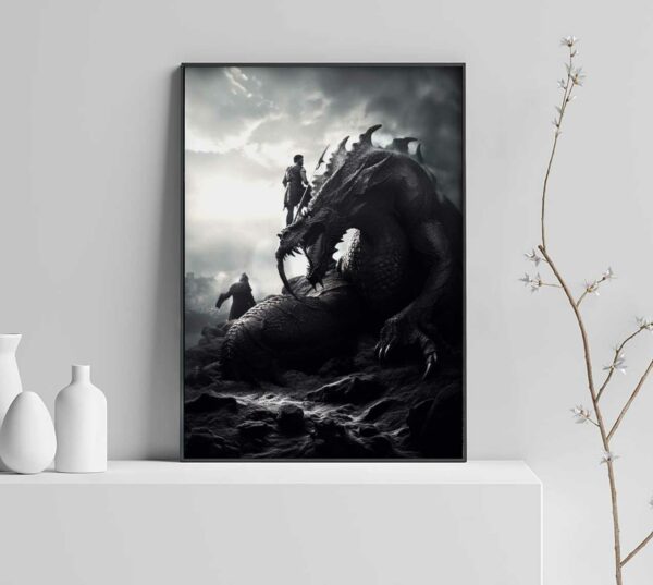 cartel con domador de dragones y vikingo